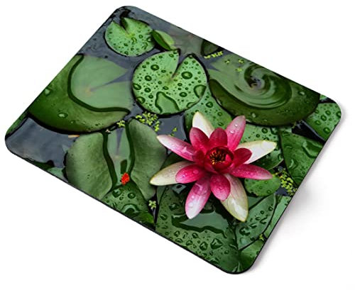 Computer Mouse Mat Pad - Pink Water Lily Flower Pond Zen Home Office PC Desk Accessory Flexible Fabric Top Large 5mm Laptop Desktop Printed Art Ergonomic #12200