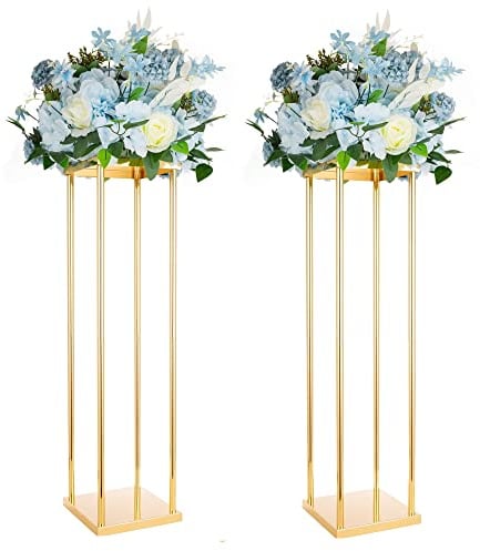 2 rechteckige Vasen, Hochzeitsaufsätze für Tische, geometrischer Metall-Blumenständer, goldfarben, 80 cm hohe Bodenvase, Säule, Blumenhalter für Hochzeit, Party, Event, Gang, Tischdekorationen