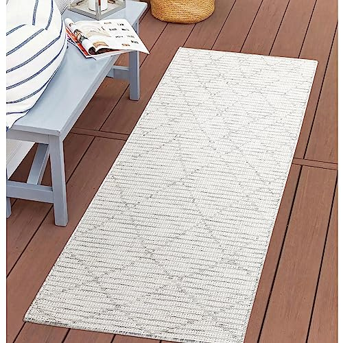 carpet city Outdoor Teppich Terrasse Wetterfest - 80x150 cm - Balkonteppich Grau - Raute-Optik - In-& Outdoor Teppiche für Veranda, Garten, Küche, Bad oder Wohnzimmer