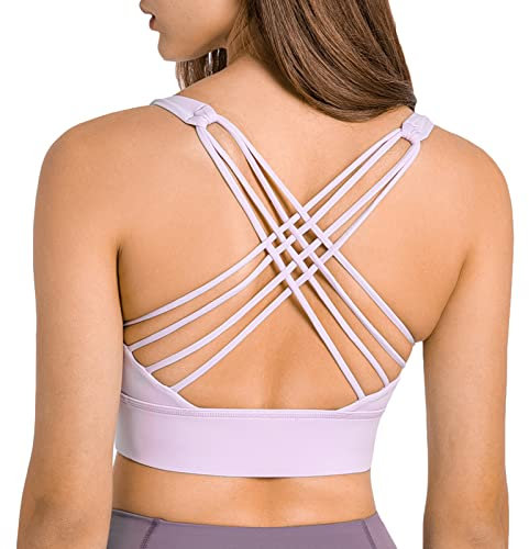 Lemedy Damen-Sport-BH, überkreuzter Rücken, Fitness-BH, Yoga-Träger, lang, bauchfreies Tanktop, Helles Violett, X-Large