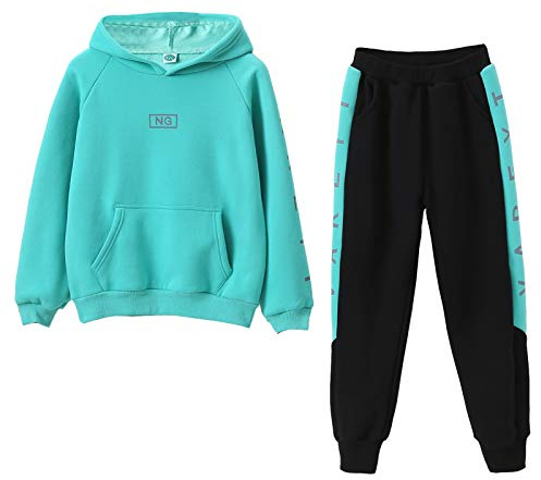 Amur Leopard Niña Chándales 2 Piezas Sudadera con Capucha y Pantalon Deportivo Ropa Traje Deportivo Moda para Primavera Otoño, Verde, 170/14-15 Años