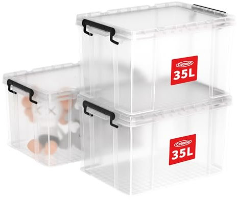 Cetomo 35L*3 Storage Boxes, Stackable Storage Box with Lids, Heavy-Duty Lidded Container with Reinforced Corners, Vertical Sides and Clip Closure, Durable, Plastic, Clear, 35L-3Pack