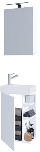 VCM 3-pièces Ensemble de Meubles de Salle de Bains WC invités Salle de Bains lavabo Petit étroit Lumia Armoire de Toilette Blanc