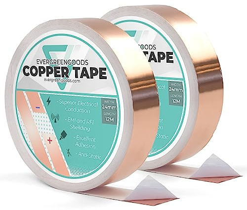 Evergreen Goods Ltd Leitfähiges Klebeband (24 mm x 12 m) - Leitkleber Band für Schaltkreise, Gitarre Emi Abschirmung, Elektrische Reparaturen & Erdung - Glasmalerei Metall Handwerk Schmuck - 2 Rolle