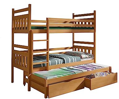 KEF Lena Etagenbett Kinder 80x180 cm - Etagenbett 3 Personen - Holz Kinderbett - für DREI Kinder - mit Schubladen - Ausziehbares Drittes Bett - ohne Matratze - Erle
