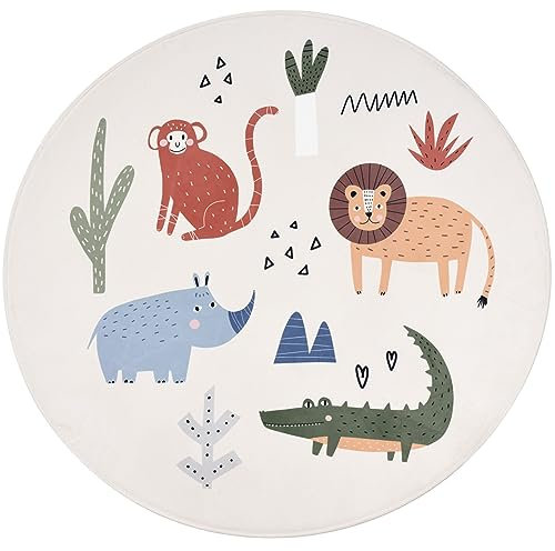 Primaflor - Ideen in Textil Moderner Kinderteppich SAVANNE - Löwe, Rund 100 cm Durchmesser, Weicher Spielteppich, Rutschhemmende Ultra Softe Spiel- und Krabbelmatte für Baby- und Kinderzimmer