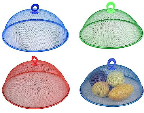 3 Pieces Food Cover Protector, 24cm Picnic Food Mesh Covers, Food Dome Mesh Cover, Screen Food Cover Tent, Reusable Stainless Steel Mesh Food Cover with Handle, for Kitchen, Picnic, Outdoor (3 Colors)