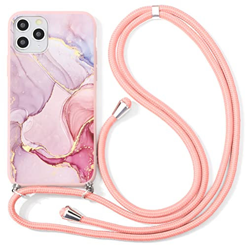 ZhuoFan Handykette Handyhülle für iPhone 13/ iPhone 14 Hülle mit Band, Aesthetic Rosa Marmor Motiv Schutzhülle mit Kordel zum Umhängen, Weich TPU Silikon Stoßfeste Necklace Lanyard Case für iPhone 14