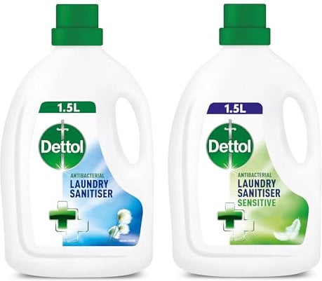 Dettol Antibacterial Laundry Cleanser, Original and Sensitive Sanitiser Additives, Fresh Cotton and Fragrance Free Multipack, 25 Washes, 2x 1.5 L, Pack of 2.
