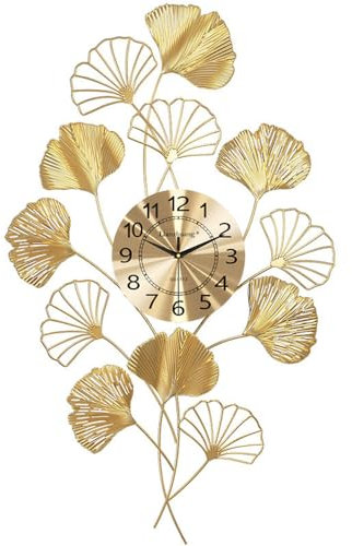 Große Metall Wanduhren Decor Wohnkultur Wanduhr No-Ticking Silent Wanduhren, Modern Metall Gold Ginkgo Blatt Kunst Wand Dekor for Wohnzimmer Cafe Restaurant Uhrendekoration Wand Uhren Europäische Groß