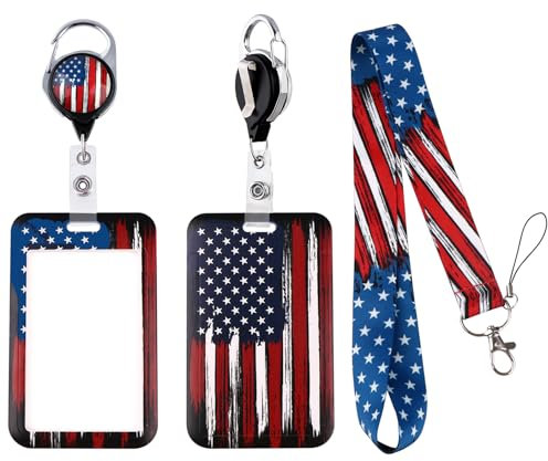 moxunmo Schlüsselband für Herren, Ausweishalter, mit einziehbarem Clip, cooler amerikanischer Flagge, Schlüsselband