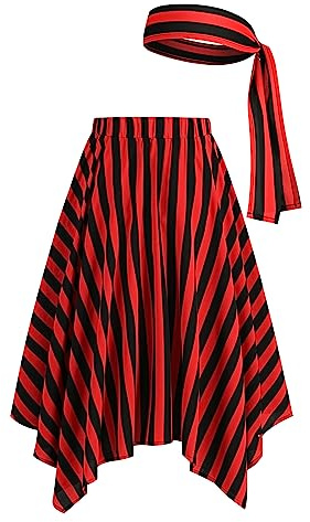 Odizli Piratenkostüm Damen Mittelalter Wikinger Kurz Streifen Rock Bandana Zubehör Halloween Karneval Kostüm