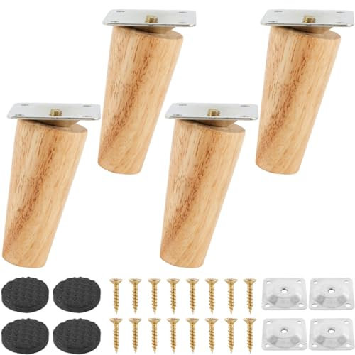 4pcs Pieds de Meuble en Bois, 8cm Pieds de Meuble Inclinés avec Plaque de Montage Vis et Tapis Antidérapant, Pieds de Meuble Bois de Rechange pour Lit, Armoire,Tables et Chaises(8cm,pieds inclinés)