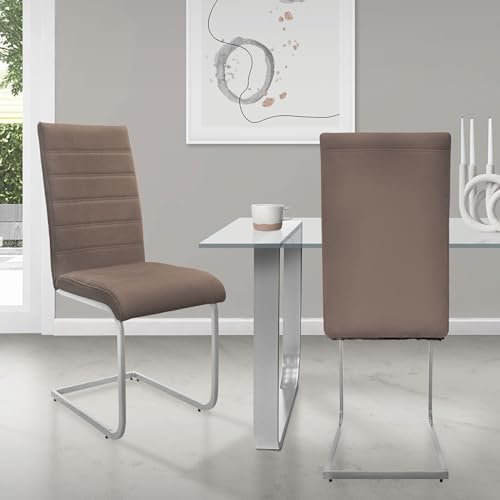 ML-Design Esszimmerstühle 2er Set, Braun, Schwingstuhl, Freischwinger Stuhl mit hoher Rückenlehne, Ergonomische Küchenstühle aus Kunstleder & Metall, Moderner Polsterstuhl für Esstisch & Wohnzimmer