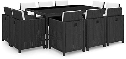 Gecheer 34-TLG.Garten Essgruppe Polyrattan Gartengarnitur Loungemöbel Sitzgruppe Stahlrahmen Gartenlounge Gartenmöbel Set bis 10 Personen aus 1 Tisch mit Glasplatte,10 Stühle und 20 Kissen,Schwarz