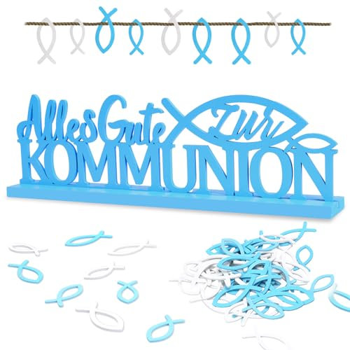 LAMEK 50 Stück Kommunion Tischdeko Holz Aufsteller Alles Gute zur Kommunion Schriftzug mit Holzfische Streudeko Hanfseil Blau Weiß Holzdeko für Junge Mädchen Erstkommunion