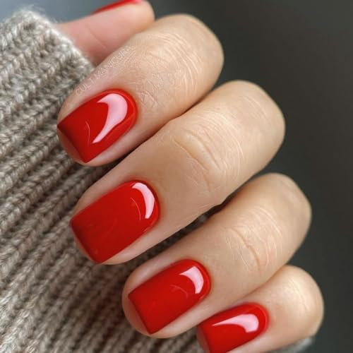 JUSTOTRY 24 Pcs Blood Red False Nails Short Square Pattern,Solid Press on Nails Short,Glossy Fake Nails,Pretty Squoval French Stick on Nail for Women and Teens Gifts