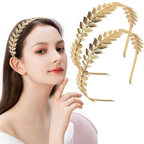 2 Stück Römische Göttin Haarreifen in Gold - Damen Haarband für Braut, Mädchen & Boho Hochzeit - Lorbeerkranz Haarschmuck mit goldenen Blättern als Krone Accessoire.
