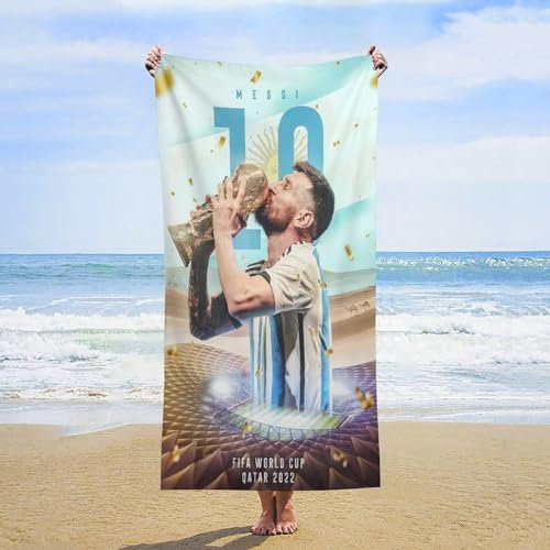 Fdcyzwxgs Messi Strandtuch Für Kinder Erwachsene, 3D Fußballspieler Poolhandtuch Männer Frauen Handtücher Badelaken Reise Weiche Sandschutz-Strandbadetücher Aus Mikrofaser 150x75cm