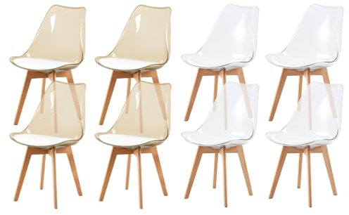 EGGREE 8er-Set Skandinavische SGS-geprüfte Esszimmerstühle, 8 Küchenstühle mit Weißem PU-Leder Sitzkissen, Braunes Transparente und Transparente