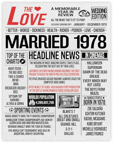 Stuff4 Poster zum 47. Hochzeitstag, ungerahmt – Zeitung Married in 1978 Zeitung – Happy 47th Wedding Anniversary für Männer und Frauen, Vintage-Geschenke, Retro Back in 1978, 20,3 x 25,4 cm, Poster