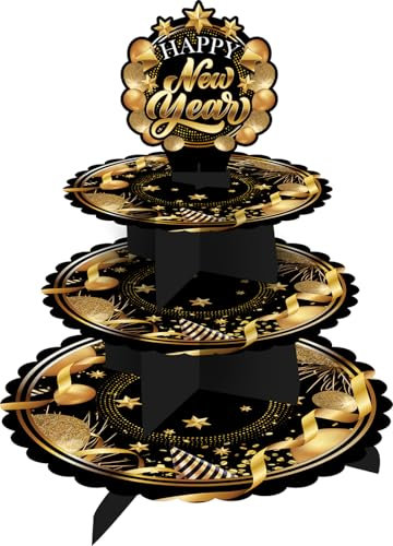 FIESTAS GUIRCA | Vassoio a 3 Livelli Happy New Year (40x30 cm) - Decorazione per Tavolo per Feste di Fine Anno e Celebrazioni - Ideale per Natale e Capodanno - Nero Oro