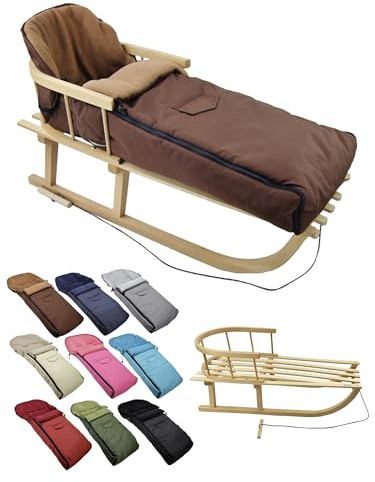 BambiniWelt Holzschlitten mit Rückenlehne & Zugseil + Winterfußsack 108 cm – warmes Thermofleece, wasserabweisend – Kombi-Set für Kinderwagen & Buggy, Farbe: braun