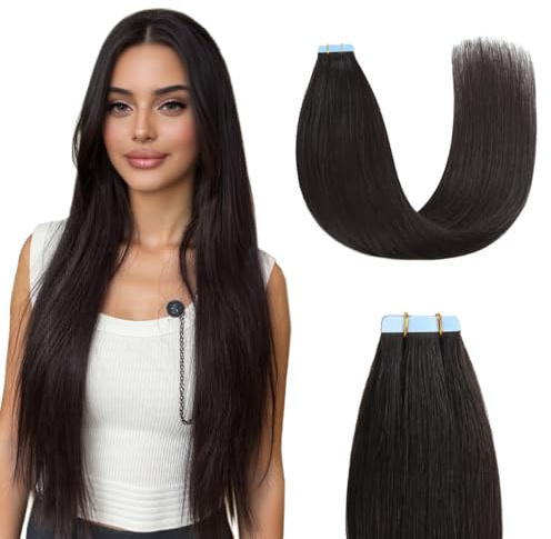 Sunya Tape Extensions Echthaar Natürliches Schwarz 60cm 50g/Pack 20 Stück | Tape in Extensions Haarverlängerungen Invisible Seidig Gerade Skin Weft Natürliche Echthaar