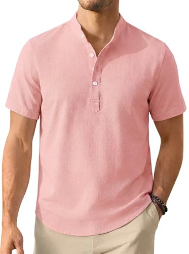 Enlision Chemise Lin Homme Manches Courtes Été Col Mao Chemise Homme Ete Leger Coton Lin Décontractée de Plage Henley Shirt