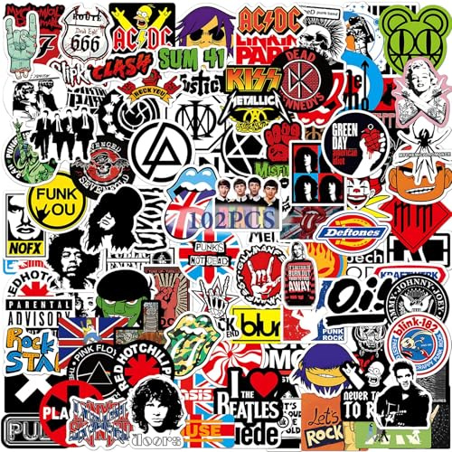 102pcs Rock and Roll Band Stickers, Classic Music Waterproof Vinyl for Laptop, Skateboard, Water Bottles, Guitar, Luggage - Trendy, Cool Design