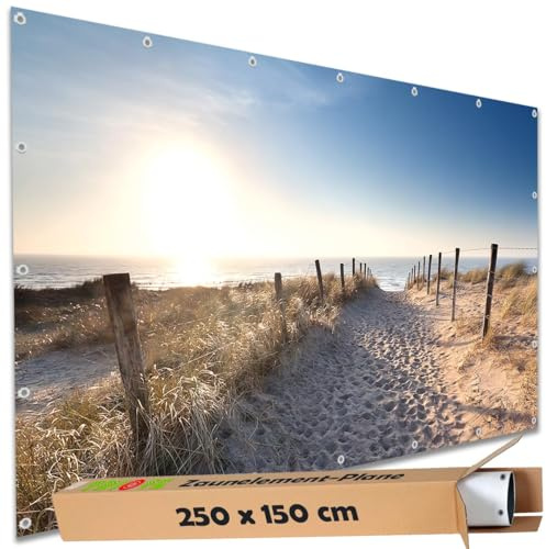 TRIOSK Sichtschutz Garten Deko Zaun Plane Blickdicht groß mit Zaunblende Motiv Meer Strand Weg Spuren für Balkon Terrasse Zaunelement Doppelstabmatten Gartenzaun PVC 250x150 cm