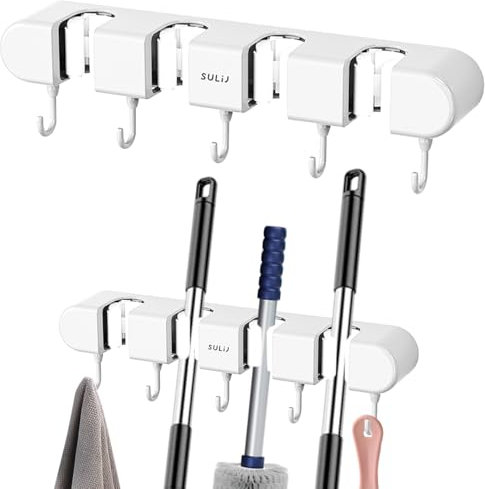 THDUJAYJAY 2PCS Broom Mop Holder with Hooks Wall Mounted Broom Storage Rack No Drilling Self-Adhesive Mop Broom Organizer Mop Holder Hanger for Bathroom Office Kitchen Closet Garage,White