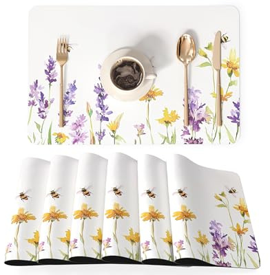 QIYI Kunstleder Platzsets 6er Set – PU Tischsets 45×30 cm im Frühling & Sommer Landhausstil, wasserfest, hitzebeständig, rutschfest, für Küche, Esstisch, Innen & Außen, Aquarell-Wildblumen und Bienen