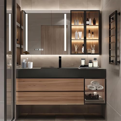 Horseo Mueble de baño Flotante, Mueble de Pared con Lavabo Integrado sin Juntas, Color Nogal, Mueble de baño de Madera Maciza, premontado, Varios ambientes (80CM)