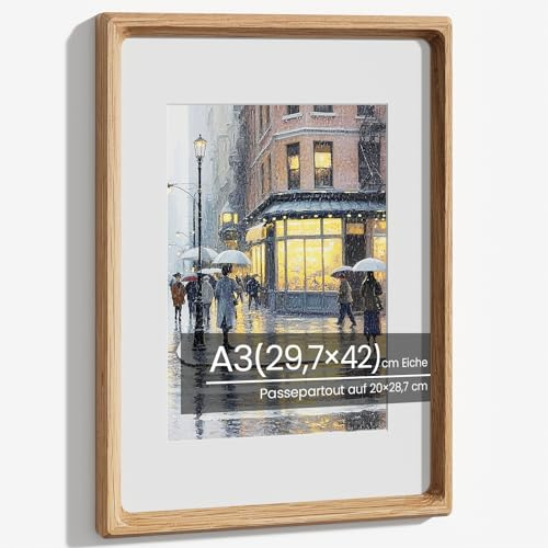 Feihorrm A3 Bilderrahmen, Natürliches Eiche Holz Fotorahmen mit Glas | Handgefertigte Abgerundete Ecke A3(29,7x42) cm Holzrahmen Mattiert auf 20x28,7 cm Fotos für Poster Wandkunstrahmen