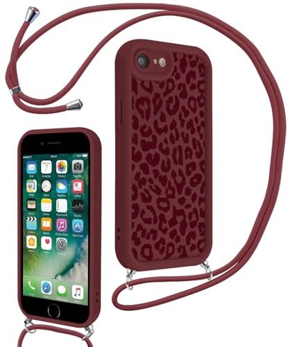 Xylota Coque avec Cordon pour iPhone 7/8/SE 2022/SE 2020, Aesthetic Léopard Motif Etui avec Réglable Collier Silicone Corde Caméra Protection Bumper Case, Antichoc Housse pour iPhone 8 4,7'', Bordeaux