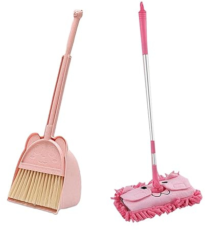 Mop Pretend Play Toy Broom Dustpan Set for Age 3-6 Girls Birthday Gifts Pink