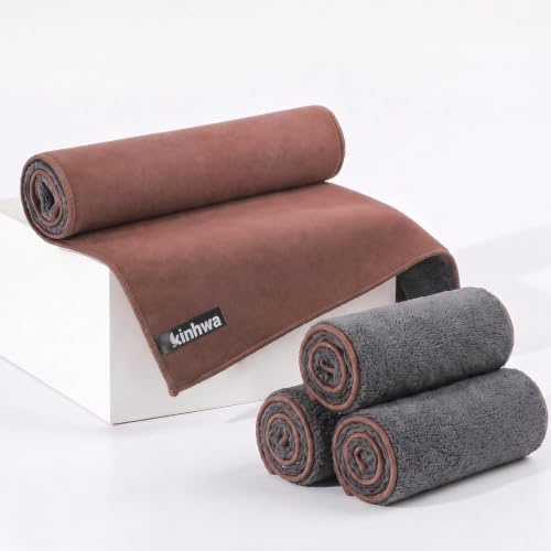 KinHwa 2-in-1 Mikrofasertücher 4er Set 30x30 cm –Premium fenstertücher | Nass & trocken nutzbar, staubaufnehmend & streifenfrei. Saugstark, fusselfrei für Glas, Kaffeemaschine, Küche & Auto-Graubrau