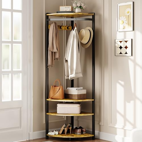 JOLLYTOP Garderobe, Eckgarderobe Mit 4 Ablagefächern, Kleiderständer | Mit 6 Haken, Garderobenständer Mit Holz- Und Metallrahmen, Kleiderstange, Für Schlafzimmer, Wohnzimmer, Flur, Vintagebraun