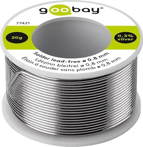 goobay Lötzinn mit Flussmittel Ø 0,8 mm, 20 g - Bleifrei für Lötarbeiten an elektrischen Bauteilen, 0,3% Silber, 7% Kupfer, 99% Zinn, Flussmittelanteil 2,5%, Schmelzpunkt 217 °C, 77421