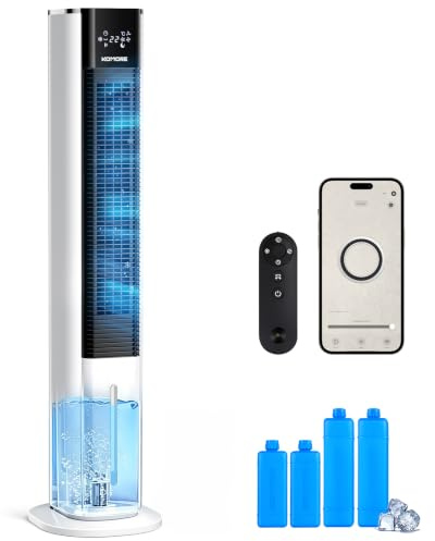 KOMORE Air Cooler, 3-IN-1 Portable Cooler Fan with Remote/APP, 5L Evaporative Air Cooler for Bedroom, 3 Modes 3 Speeds, 12H Timer, 60°Oscillation, LED Display, 4 Ice Packs Tower Cooling Fan for Home