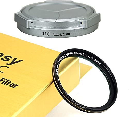 JJC Silver LX100 Auto Selbstrückhaltender Schutz-Objektivdeckel, kompatibel mit Panasonic Lumix LX100 LX100 II Leica D-LUX Typ 109 D-LUX 7, LX100II Mark II M2, D LUX 7 Objektivdeckel, 43 mm MRC Nano MC UV-Filter