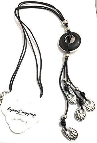 Lagenlook Schwarz/Silber Hoop Halskette Anhänger an langer Doppel Lederkette Modeschmuck