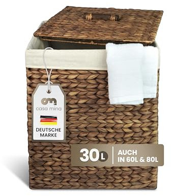 Casa Mina® Wäschekorb mit Deckel | Atmungsaktiver Wäschekorb geflochten aus 100% Naturfaser I Robuster Wäschesammler mit Griffen & waschbarem Innensack I Wäschekörbe (Mocca, 32 x 25 x 45cm)