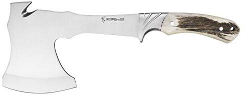 iFIELD Ascia di Sopravvivenza EL29003, Lama in Acciaio Inossidabile 17cm, Dimensione Totale 29,5cm, con Fodero in Pelle, Manico in Corno di Cervo, da Campeggio per la Pesca, Caccia, attività Sportive