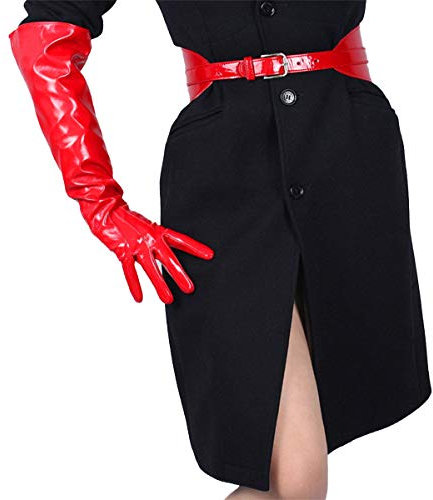DooWay Damen Sexy Glänzend Rot Leder Handschuhe Kunstleder PU Glatt für Hochzeit Abend Kostüme Party, Glänzend Rot 50 cm breite Ärmel, Medium