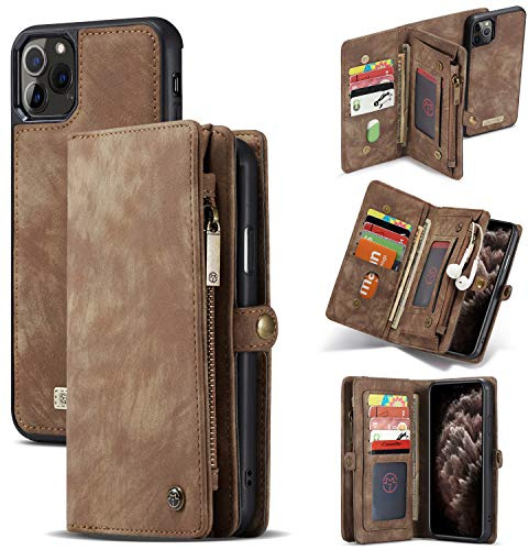 FONREST Wallet Case for iPhone 11 Pro Max 6.5-inch, CaseMe Leather Flip Cover with Detachable Back Cover, Magnetic Closure, 11 Card slots, 3 Cash Slots, Zipper Pocket and Photo Frame (Brown)
