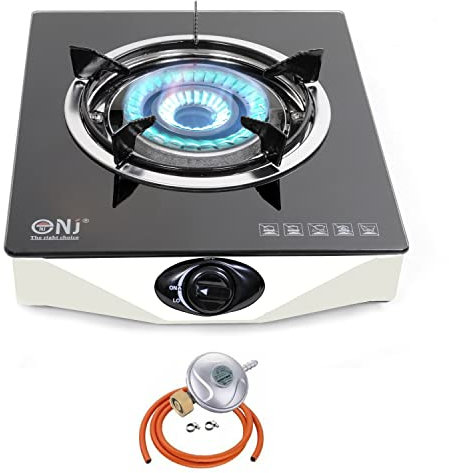 NJ NGB-S1 Gas Stove 1 Burner Gas Cooker Tempered Glass with Safety Device LPG + Gas Regulator Set (Butane 29mbar Screw-on)