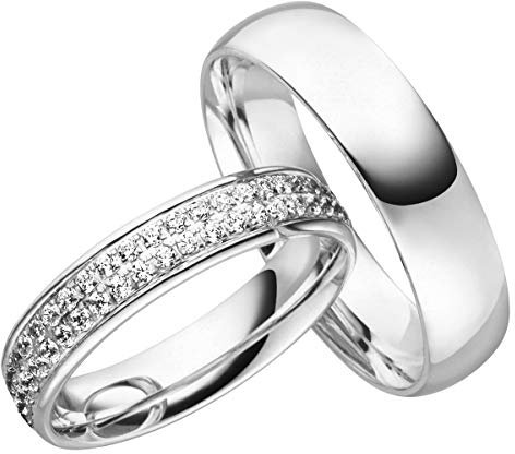 JC Trauringe Silber 925 Paarpreis Eheringe I Traumhafte Verlobungsringe Partnerringe mit Gravur in edler Schatulle I 2 Hochzeitsringe Herrenring 5,5 mm & Damenring mit Steinen 4,5 mm I LC119-S