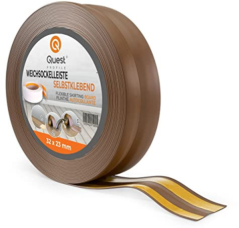 Quest Weichsockelleiste Selbstklebend, PVC Sockelleiste, Abschlussleiste - 32 mm x 23 mm - Flexible Knickleiste für Innenbereich, Wand, Boden - Dicht, Dekorativ - 5 Meter, Dunkelbraun